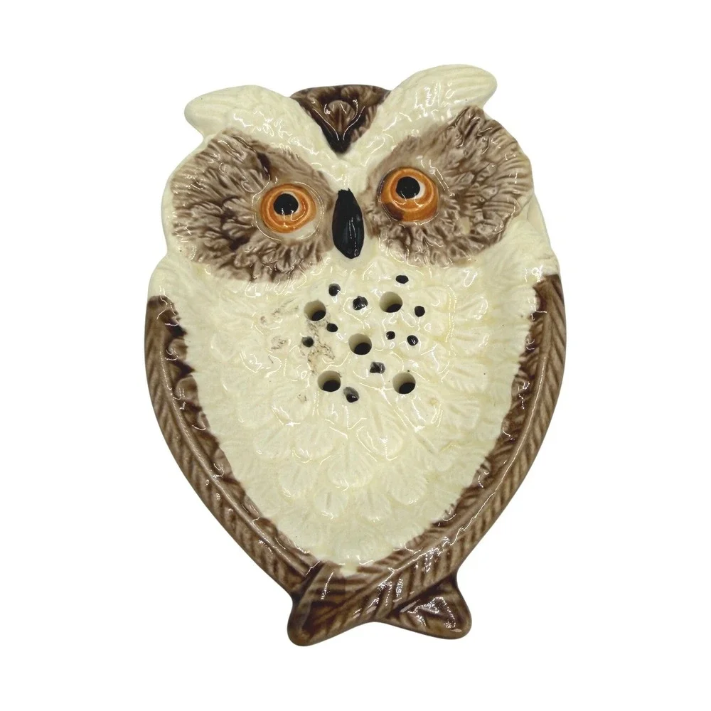 Soap Dish Small Cream‎ Brown Owl Figural Ceramic 2-Piece Japan Vintage 1960s